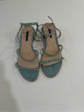 Stuart Weitzman Turquoise Suede Beaded Strap Sandals